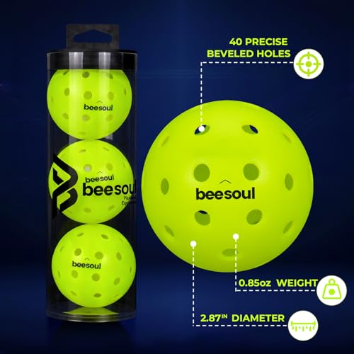 beesoul 3-Pack Premium Pickleball Balls, Outdoor 40-Hole Balls for Consistent Bounce, One-Piece Seamless Design, Built for All Skill Levels