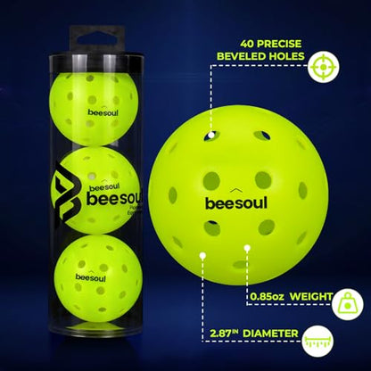 beesoul 3-Pack Premium Pickleball Balls, Outdoor 40-Hole Balls for Consistent Bounce, One-Piece Seamless Design, Built for All Skill Levels