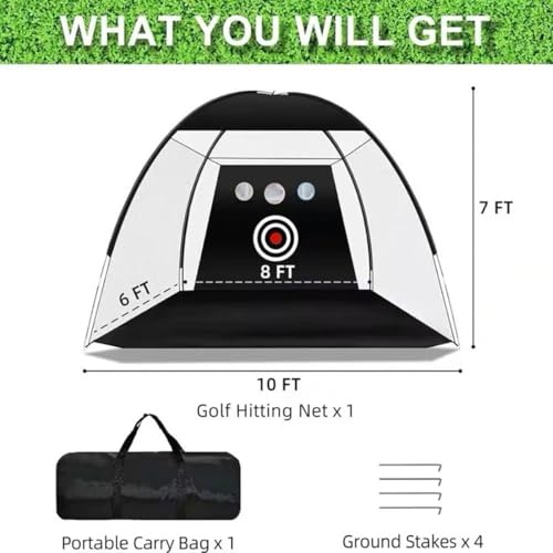 10x7ft Golf Practice Net with Target Cloth, Portable Golf Training Net for Backyard Driving Chipping Indoor Outdoor Training with Carry Bag (3 Meters and 3 Holes)