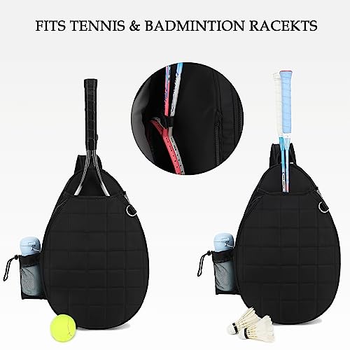 Rejolly Tennis Racket Sling Bag for Women Men Quilted Water Resistant Racquet Cover One Shoulder Crossbody Bag for 2 Tennis Rackets, Pickleball Paddles, Badminton Racquet - color: New Black