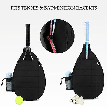 Rejolly Tennis Racket Sling Bag for Women Men Quilted Water Resistant Racquet Cover One Shoulder Crossbody Bag for 2 Tennis Rackets, Pickleball Paddles, Badminton Racquet - color: New Black