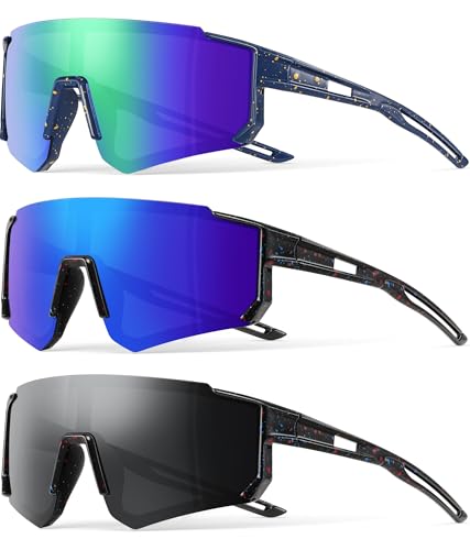 3PACK Kids Sunglasses Youth Baseball Sunglasses for Boys Girls Age 4-12,Softball Sports Cycling Goggles UV Protection - color: A15-black+deep Blue Green+deep Blue
