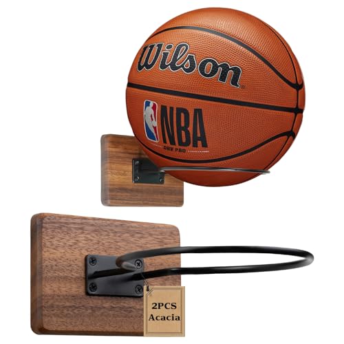Basketball Holder Wall Mount, Solid Wood Ball Holder for Storage Soccer Volleyball Football Autograph Ball Metal, Basketball Rack Display for Boys Sports Accessories Organizer & Wall Decor - color: Acacia, size: 2 Pcs
