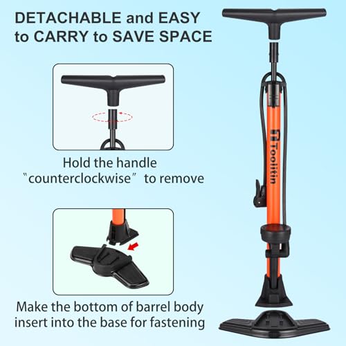 TOOLITIN Floor Bike Pump with Gauge,160 Psi High Pressure,Bicycle Pump Compatible with Presta and Schrader Valve,Bike Tire Pump for Road Bike,MTB,Hybrid,Balls