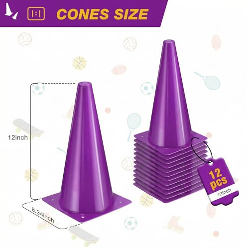 12 Inch Durable Cones,12pcs Versatile Plastic Traffic Cones and Soccer Cones for Sports Training,Agility Drills,Parking Safety,Basketball Training,Football Training. - color: purple