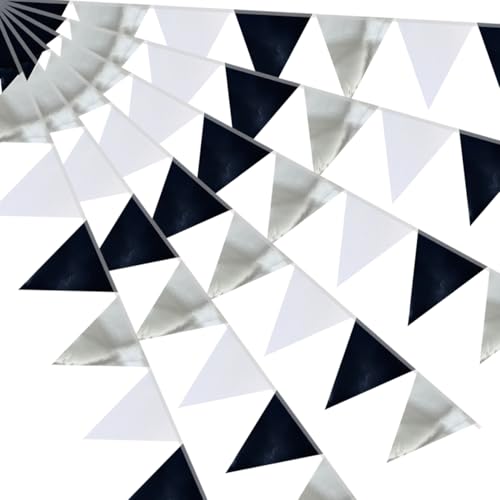 64ft Black Silver White Triangle Pennant Banner Flag Metallic Paper Bunting Garland for Hanging Backdrop Birthday Party Decorations Graduation Bachelorette Wedding New Year Party Supplies - color: Black Silver White