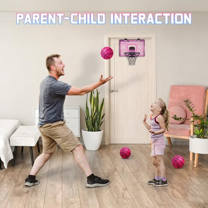 Indoor Basketball Hoop with Electronic Scoreboard and LED Light, Pink Over The Door Basketball Toy, for Kids Aged 4, 5, 6, 7, 8+Years Old