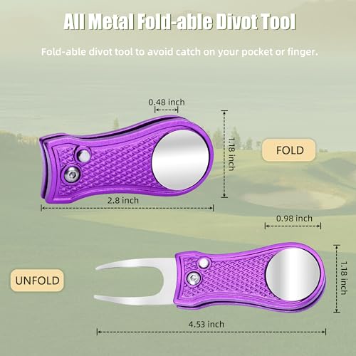 Mile High Life Golf Divot Repair Tool, All Metal Foldable Divot Tool with Pop-up Button & Magnetic Ball Marker - color: Purple Bone