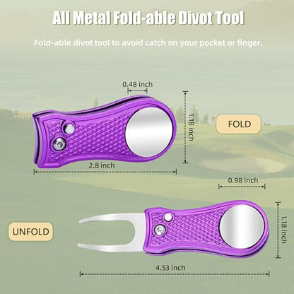 Mile High Life Golf Divot Repair Tool, All Metal Foldable Divot Tool with Pop-up Button & Magnetic Ball Marker - color: Purple Bone