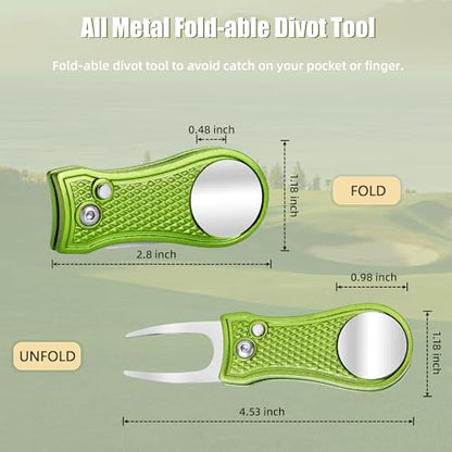 Mile High Life Golf Divot Repair Tool, All Metal Foldable Divot Tool with Pop-up Button & Magnetic Ball Marker - color: Lime Green Bone