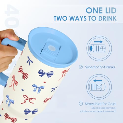 SANDJEST American Flag 40oz Tumbler with Handle and Straw, Insulated Stainless Steel Travel Coffee Mug for Women Girls, Gift Idea for Birthday Christmas 4th of July (Bow) - color: American Flag 1