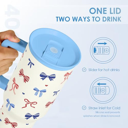 SANDJEST American Flag 40oz Tumbler with Handle and Straw, Insulated Stainless Steel Travel Coffee Mug for Women Girls, Gift Idea for Birthday Christmas 4th of July (Bow) - color: American Flag 1