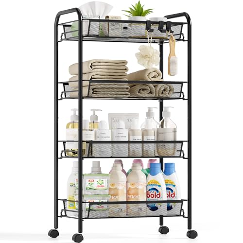 SYKIARIOL 4-Tier Metal Utility Cart, Mesh Wire Rolling Cart on Wheels, Storage Trolley with Easy Assembly, Organizer Craft Cart 3 Hooks, Mobile Shelving Unit for Bathroom, Laundry Room, Home - color: Black, size: 4-Tier