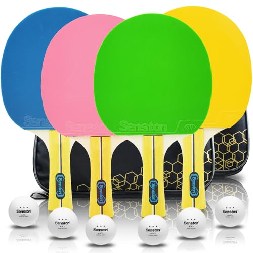 Senston Ping Pong Paddles Set of 4-Colorful Table Tennis Paddles Set with 6 Balls and 2 Storage Case for Indoor/Outdoor Play, Training, Family Games