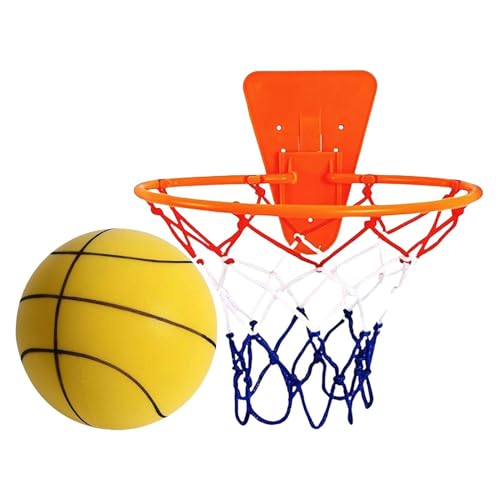 Silent Basketball Hoop and Ball, 18cm Wall Mounted Basketball Hoop Indoor, Noiseless Foam Elastic Sponge Ball WithHoop, SilentBall Professional Indoor BasketballFrame - color: Yellow
