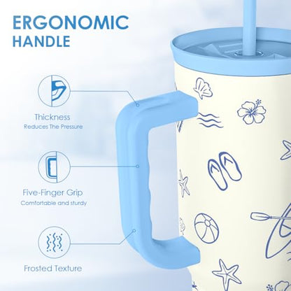 SANDJEST Beach 40oz Tumbler with Handle and Straw, Insulated Stainless Steel Travel Coffee Mug for Women Girls Beach Lovers, Gift Idea for Birthday Christmas Mothers Day Summer Vacation (Blue) - color: Beach Lover