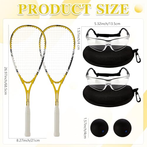 2 Pack Beginner Squash Racquet Set Includes Racquets with Racket Bags Anti Fog Goggles Cases Blue Dot Ball Indoor Gym Sports for Beginners Novice Training Recreational Play - color: Yellow