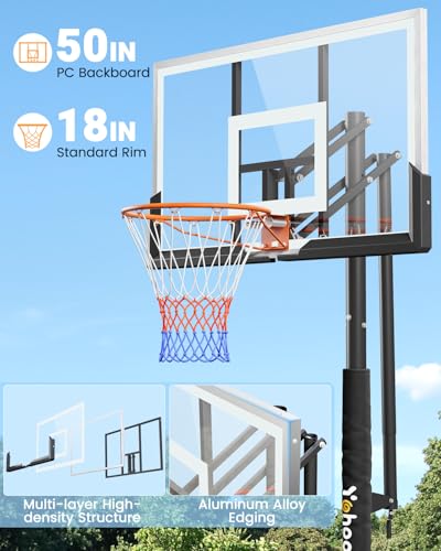 Yohood In Ground Basketball Hoop Outdoor 10FT Adjustable Height with Crank, in-Gound Basketball Goal System with 50 Inch Shatterproof PC Backborad and Solid Steel Rim