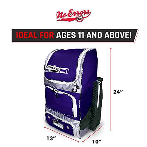No Errors Top Pick Baseball Backpack for Kids - Heavy Duty Youth Baseball and Softball Bag with Fence Hooks - Dual Glove and Bat Compartments - color: Purple