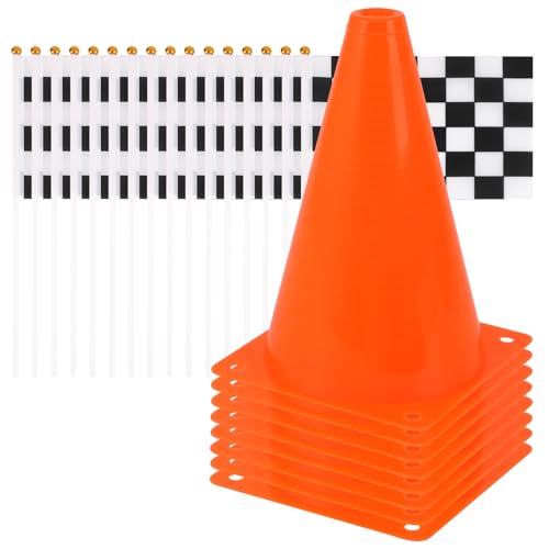 Mini Traffic Cones（With Hole on Top）with Racing Checkered Flags, Sports Safety Cones for Soccer Cones and Basketball Practice Equipment - Mini Orange Cones for Soccer Practice and Small Driving Practice Cones.Race Car Birthday Party Supplies, Kids Gift. (