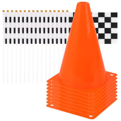 Mini Traffic Cones（With Hole on Top）with Racing Checkered Flags, Sports Safety Cones for Soccer Cones and Basketball Practice Equipment - Mini Orange Cones for Soccer Practice and Small Driving Practice Cones.Race Car Birthday Party Supplies, Kids Gift. (
