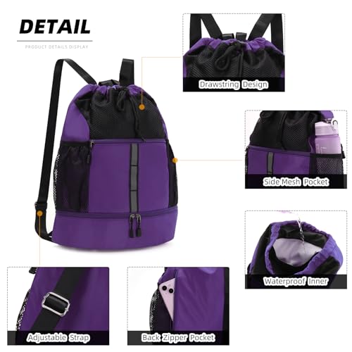 Valleycomfy Drawstring Gym Bag Sports Backpack With Shoe Compartment and Reflective Strips Purple - color: Purple08
