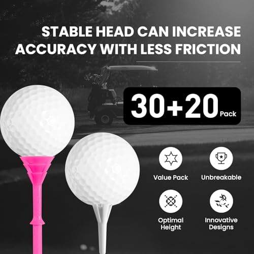 FINGER TEN Golf Tees Plastic Unbreakable 30 Tees 3 1/4 Inch and 20 More Short Tees 1 1/2 Inch with Black Golf Tee Bag, Easy to Find Value Gift Set - color: Pink