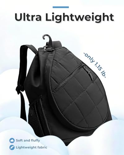 Drawstring Tennis Backpack, Puffer Tennis Racket Bag with Shoe Compartment & Wet Pocket Gym Bag for Women, Suitable for Pickleball Tennis Badminton - color: Black