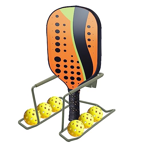 Wall Mounted Metal Tennis Racket Holder - Heavy-Duty Steel Hanging Badminton Racket Storage Rack Ping Pong Paddle Holder Holds 8 Balls 5 Racquets with Hardware and Anti-Scratch Silicone Tube