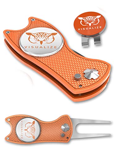VISUALIZE Elite Switchblade Golf Divot Repair Tool Set with Ball Marker - Sturdy Anodized Aluminum - Perfect Golf Accessory Gift - color: Orange-White