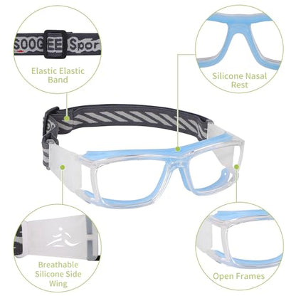 SooGree Sport Glasses for Men Women Basketball Football Sport Goggles Anti Fog Shock Collision Wearable Glasses - color: Clear Frame Blue Nose Pads