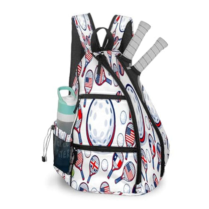 Print Pickleball Backpack White Sports Rackets | Padded 6-Paddle Compartment & Separate Shoe Bag | Multi-Pocket Sports & Gym Backpack for Tennis, Travel, Commute