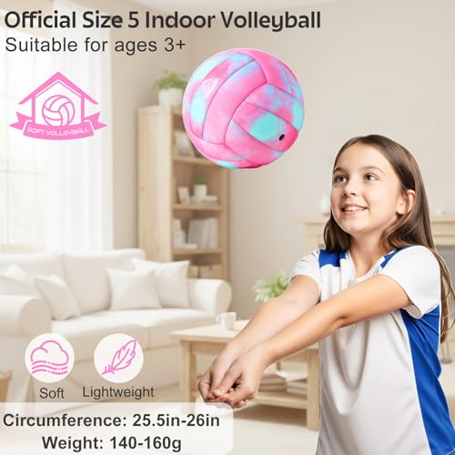 Soft Indoor Volleyball, Cushioned Cover Training Ball for Beginners, Silent Indoor Volleyball with Pump, Lightweight Official Size 5 Volleyballs for House Games & Practice