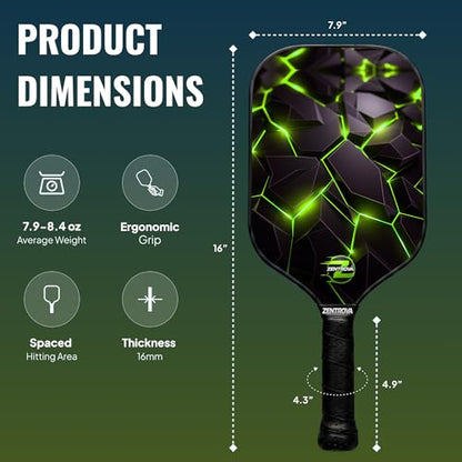 Zentrova Pickleball Paddles Set of 2, Fiberglass Surface w/PP Honeycomb Core Pickleball Rackets, Lightweight Pickle Ball Paddle w/4 Balls, 2 Overgrips, 2 Wristbands & Carry Bag – for Men & Women