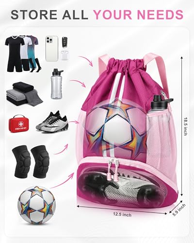 JELUTAR Soccer Bag, Drawstring Soccer Backpack with Shoe Compartment, Water Resistant Sport Gym Bags for Volleyball Basketball Football Beach Swim Pool - color: Rose Pink