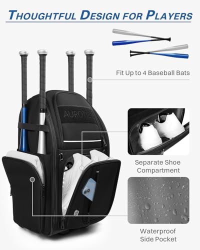 AUROTIER Rolling Baseball Bag with Wheels, Large All-Terrain Wheeled Softball Bag Holds 4 Bats, Water-Resistant Baseball Roller Backpack with Shoe Compartment and Fence Hooks for Players and Coaches - color: Black