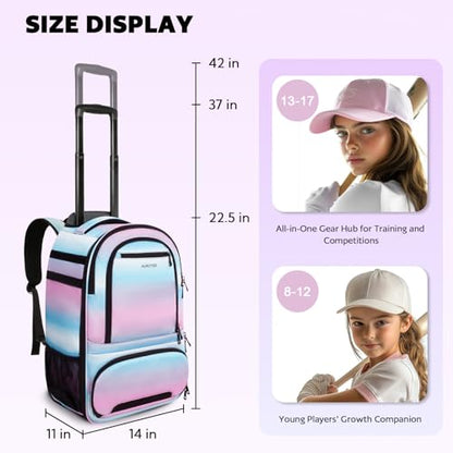 AUROTIER Rolling Baseball Backpack with Off-road Wheels, Wheeled Catchers Gear Bag for Baseball Equipment, 4 Bats, Large Softball Bag for TBall, Helmet & Accessories with Fence Hook - color: Blue-pink