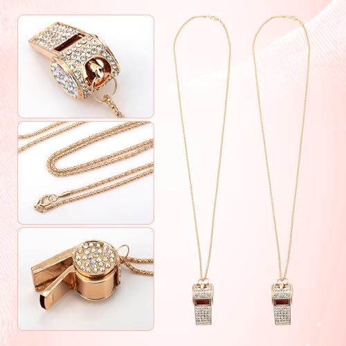 Tinoaly 2pcs Bling Whistle Crystal Rhinestone Necklace, Metal Golden Bling Loud Crisp Sound Whistle with Chain Lanyard for Referee Coach Teacher Sports Training