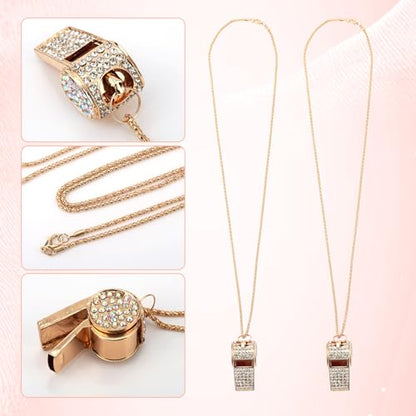 Tinoaly 2pcs Bling Whistle Crystal Rhinestone Necklace, Metal Golden Bling Loud Crisp Sound Whistle with Chain Lanyard for Referee Coach Teacher Sports Training