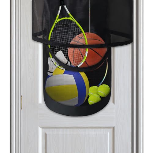 Sorandy Over The Door Hanging Sports Equipment Organizer, Large Capacity Nylon Mesh Storage Bag, Multiple Compartments Bag for Basketball, Football, Volleyball & Tennis Gear