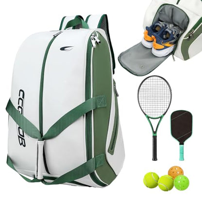Tennis Bag Holds 2 Rackets with Shoe Compartment, Fence Hook & Ball Sleeve – Large PU Pickleball Paddles Backpack for Men & Women
