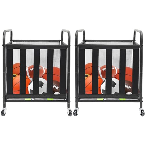 STO STO 2 Pack Rolling Sports Ball Storage Cart, Lockable Basketball Cage with Elastic Straps, Sport Equipment Holder Organizer for Indoor Outdoor, Steel Storage Rack for Playgroud and Gym, Black
