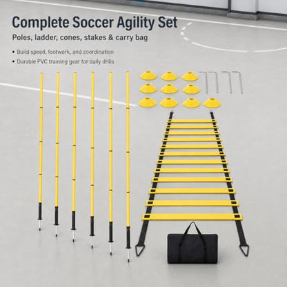 PVC Agility Ladder, 6m Speed and Agility Kit, 10 Training Cones & 6 Marker Poles, Sports Training Set with Carry Bag for Football