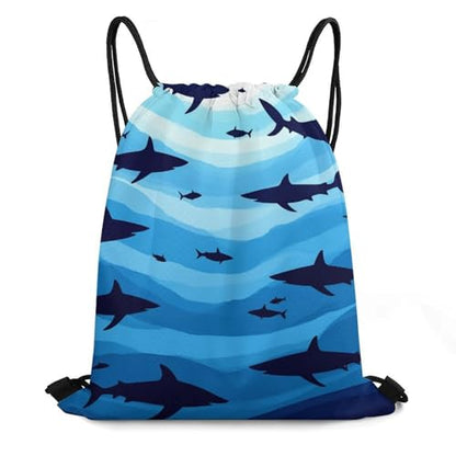 Lightweight Drawstring Sackpack Sports Backpack Waterproof for Gym Travel Hiking Men Women Durable Polyester, Sharks Fish Pattern Sky Blue Bags - color: Picture (756)