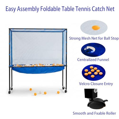 Table Tennis Catch Net with Ball Collection Bag - Premium Ping Pong Catch Net & Training Equipment for Robots & Serving Practice, Foldable Table Tennis Training Equipment Backstop Catcher