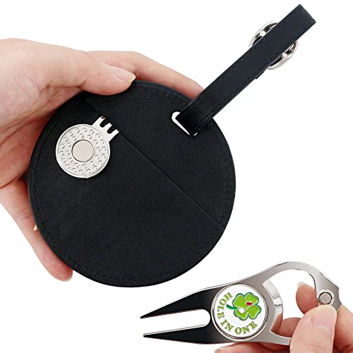 Leather Golf Tees Holder with 5 PCS Wooden Golf Tees 3-1/4 Inch Hook to Golf Bag Belt Clip for Golf Bag
