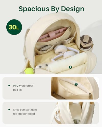 Quilted Tennis Gym Backpack for women Tennis Bag Holds 2 Rackets with Top Panel & Ventilated Shoe Compartment Sports Duffle Bags with Wet Pocket & Fence Hook - color: Beige