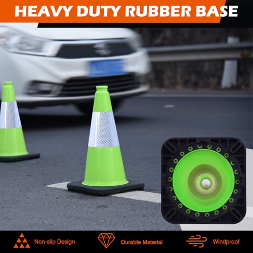 4 Pack 18 Inch Green PVC Traffic Cones Black Base Stable Durable, Parking Lot Driveway School Training Safety Cones Multi-Purpose (4, Green, 18 Inch) - color: Green, size: 18 Inch