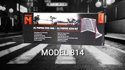 Mylec Steel Junior Hockey Goal for Indoor + Outdoor (52” x 43”), Easy Assembly, Lightweight, Portable, and Net Weave System (Red, 17 Pounds)