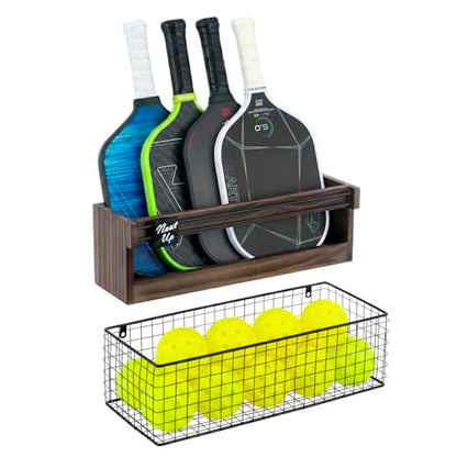 MyGift Solid Dark Brown Wood Pickleball Paddle Holder Rack with Black Metal Ball Storage Basket and Next Up Sliding Marker, Wall Mounted or Fence Hanging Paddle Organizer for Indoor/Outdoor Courts